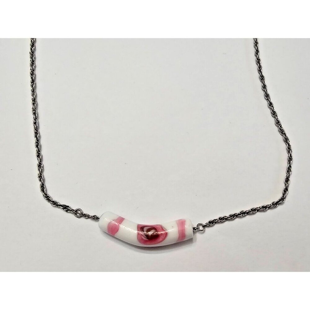 Vintage Trifari White Pink Floral Pendant Silver Tone Necklace